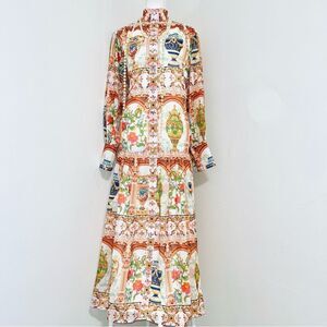 Dalia Macphee NWT Multi Maxi Dress Ancient Grecian Urns Roman Majestic Floral LG